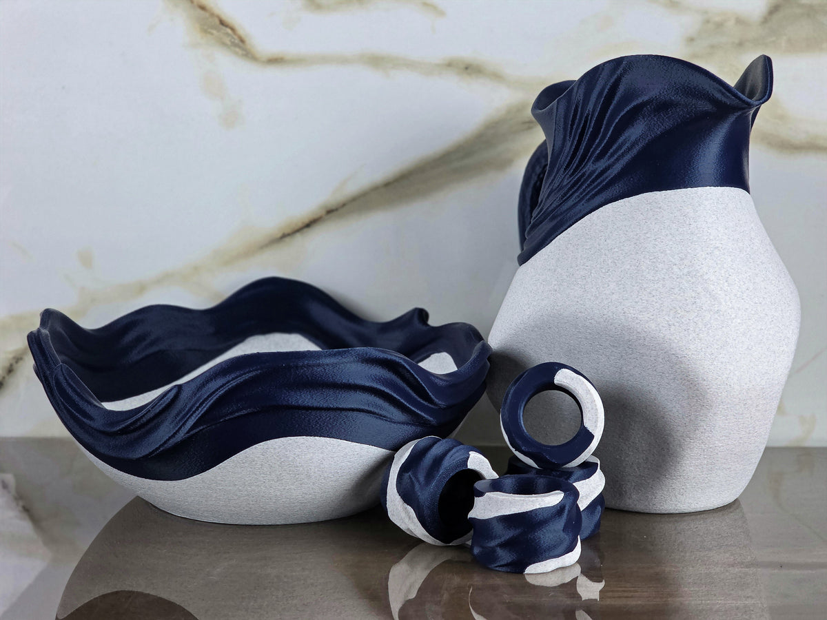 "The Center of Allure Curation" Luxury Sculptural Pitcher, Bowl, and Napkin Rings Decor Accents