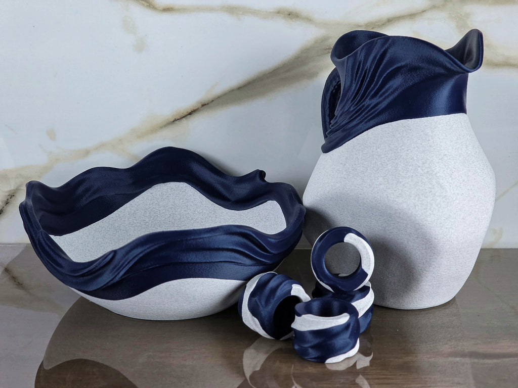 "The Center of Allure Curation" Luxury Sculptural Pitcher, Bowl, and Napkin Rings Decor Accents