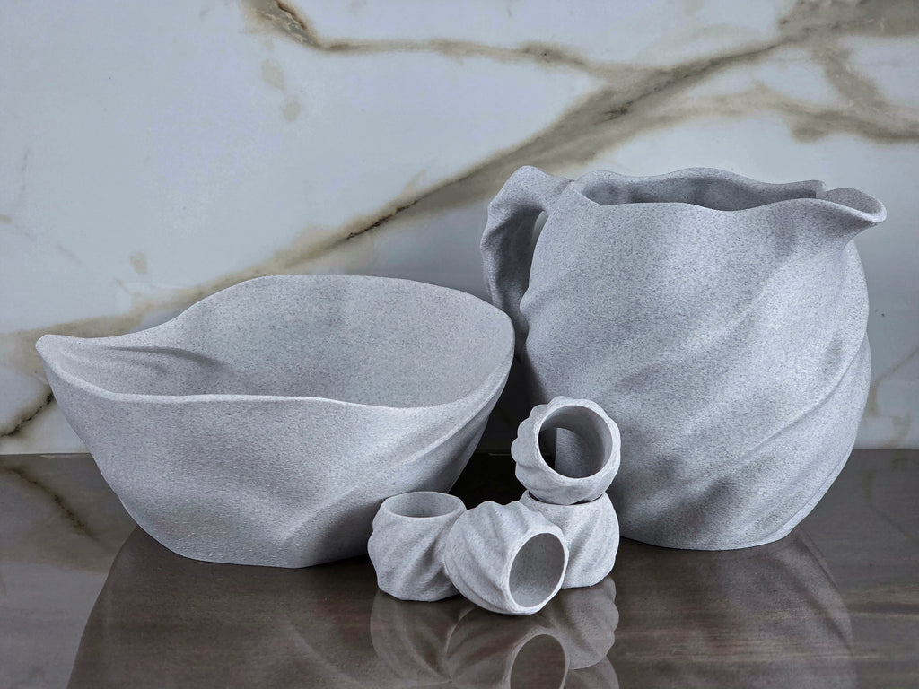 "The Center of Allure Curation" Luxury Sculptural Pitcher, Bowl, and Napkin Rings Decor Accents