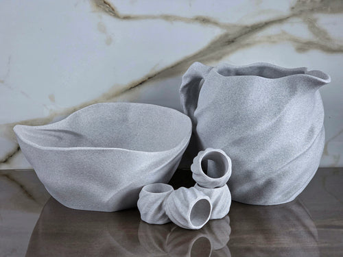 "The Center of Allure Curation" Luxury Sculptural Pitcher, Bowl, and Napkin Rings Decor Accents